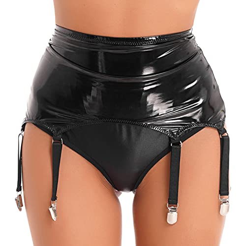 TiaoBug Damen Wetlook Strumpfgürtel Lack Leder Strapsgürtel mit Strumpfhalter Befestigung Clips Clubwear Schwarz XL von TiaoBug