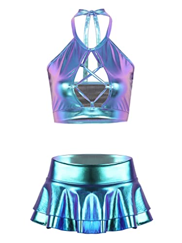 TiaoBug Damen Wetlook Tank Crop Tops Lackleder BH + Glänzend Minirock Rock Zweiteiler Top und Rock Set Gogo Outfits Clubwear Blau F S von TiaoBug