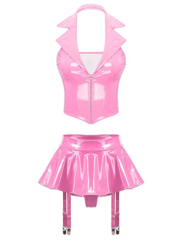 TiaoBug Damen Wetlook Tank Crop Tops Lackleder BH + Glänzend Minirock Rock Zweiteiler Top und Rock Set Gogo Outfits Clubwear Rosa R L von TiaoBug