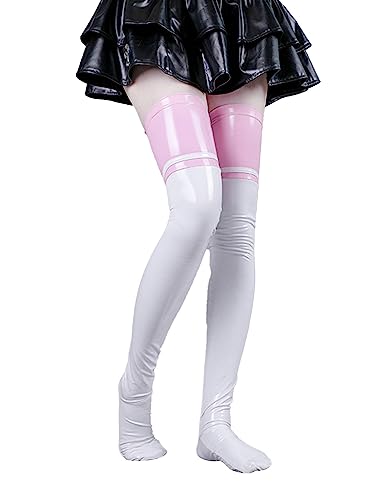 TiaoBug Damen Wetlook halterlose Strümpfe mit schmalem Spitzenbund Lack Leder Optik Socken Party Cosplay Kostüm Gothic Punk Zubehör Clubwear Rosa & Weiß E Einheitsgröße von TiaoBug