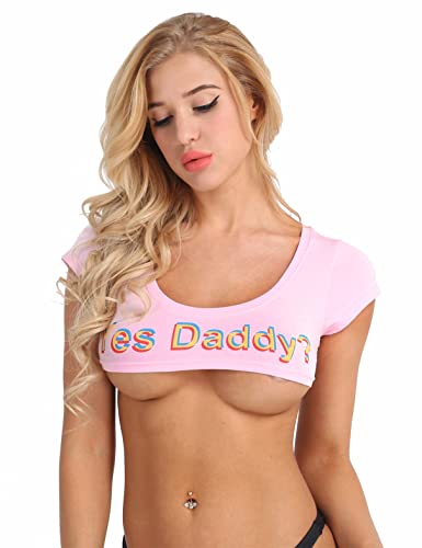 TiaoBug Damen sexy Crop Top Kurzarm Sommer T-Shirt bauchfrei Super Kurz Strech Baumwolle Frauen Erotik Dessous Unterwäsche Cosplay Kleidung Rosa Einheitsgröße von TiaoBug