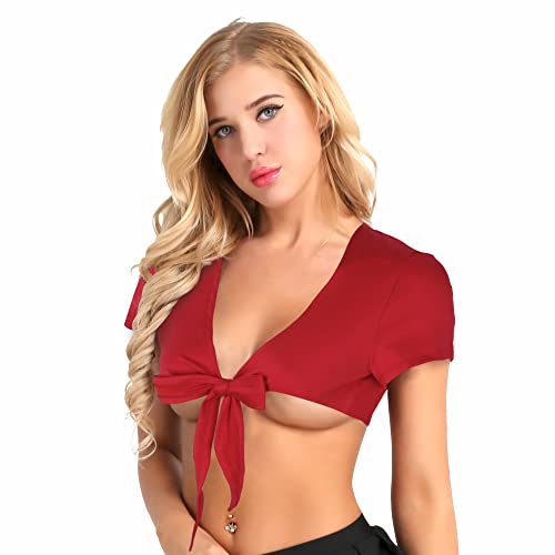 TiaoBug Damen sexy Crop Top Kurzarm Sommer T-Shirt bauchfrei Super Kurz Strech Baumwolle Frauen Erotik Dessous Unterwäsche Cosplay Kleidung Rot zum binden XXL von TiaoBug