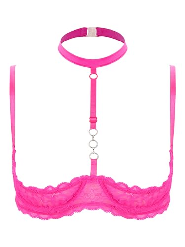 TiaoBug Damen sexy Dessous Erotik BH Bra Frauen Reizvolle Oberteil Reizwäsche Transparente Spitze Unterwäsche Offene Brust Verführerische Lingerie Hot Pink N L von TiaoBug