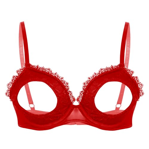 TiaoBug Damen sexy Dessous Erotik BH Bra Frauen Reizvolle Oberteil Reizwäsche Transparente Spitze Unterwäsche Offene Brust Verführerische Lingerie Rot J XXL von TiaoBug