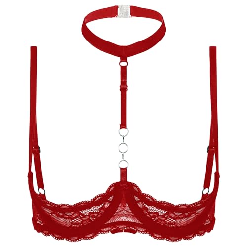 TiaoBug Damen sexy Dessous Erotik BH Bra Frauen Reizvolle Oberteil Reizwäsche Transparente Spitze Unterwäsche Offene Brust Verführerische Lingerie Rot N XXL von TiaoBug