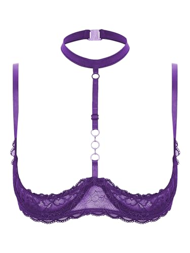 TiaoBug Damen sexy Dessous Erotik BH Bra Frauen Reizvolle Oberteil Reizwäsche Transparente Spitze Unterwäsche Offene Brust Verführerische Lingerie Violett N S von TiaoBug