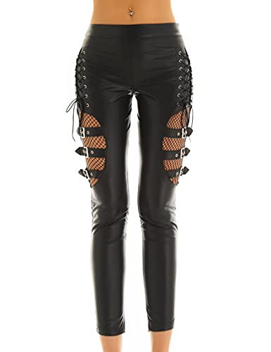 TiaoBug Damen sexy Kunstleder Lange Hose Skinny Leggins Netz Socken Netz Strümpfe Patchwork mit Schnürung Leder Riemen Gürtel Schwarz M von TiaoBug