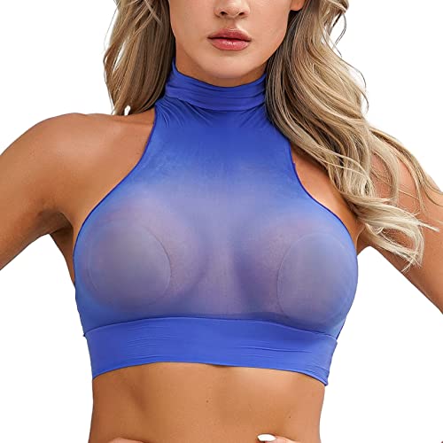 TiaoBug Damen sexy Oberteile Mesh Top bauchfreie Crop Tops durchsichtig ärmellos Shirt Elegant Bluse Stehkragen in Weiss Schwarz Royal Blau E Einheitsgröße von TiaoBug