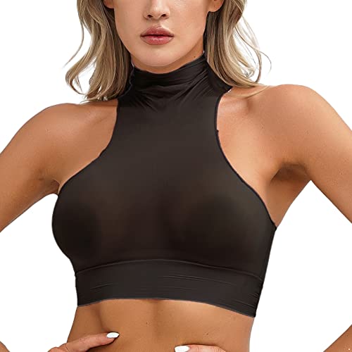 TiaoBug Damen sexy Oberteile Mesh Top bauchfreie Crop Tops durchsichtig ärmellos Shirt Elegant Bluse Stehkragen in Weiss Schwarz Schwarz E Einheitsgröße von TiaoBug