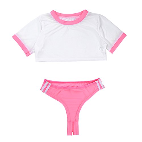 TiaoBug Damen sexy T-Shirt Sportlich Kurzarm Tops Oberteile bauchfrei Mit Ouvert Slips Panties hoch geschnittene Strings Erotik Dessous Set Lingerie Unterwäsche Rosa Einheitsgröße von TiaoBug