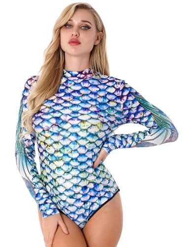 TiaoBug Damen Meerjungfrau Badeanzug Wetlook Bademode Fisch Schuppen Print Langarm Body Tops Sexy Jumpsuit Overalls Einteiler Reizwäsche Bunt B L-XL von TiaoBug