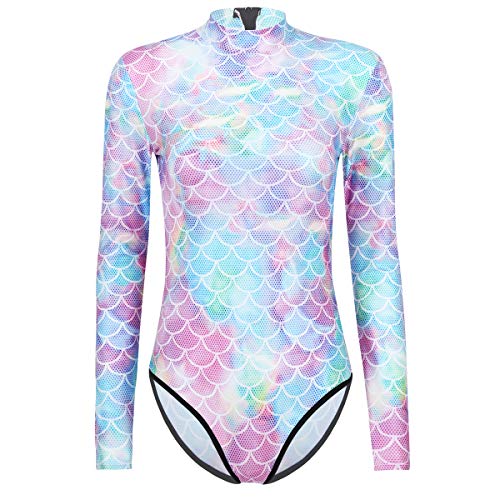 TiaoBug Damen Meerjungfrau Badeanzug Wetlook Bademode Fisch Schuppen Print Langarm Body Tops Sexy Jumpsuit Overalls Einteiler Reizwäsche Silber Bunt L-XL von TiaoBug