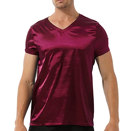 TiaoBug Einteiler Herren Schlafanzug Satin Pyjama kurz Langarm Nacht Hemd Stehkragen Kleid Nachtwäsche Burgundy V-Ausschnitt XL von TiaoBug