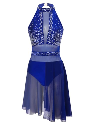 TiaoBug Eiskunstlauf Kleid Damen Ballettkleid Patchwork Mesh Strass Ballettanzug Gymnastikanzug Tanzkleid Skater Tutu Rock Blau I S von TiaoBug