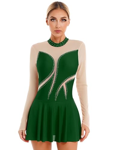 TiaoBug Eiskunstlauf Kleid Damen Eislaufen Rollschuh Kleid Langarm Mesh Glitzer Ballettkleid Tanzkleid Gymnastik Bekleidung gr.S M L XL Grün P XL von TiaoBug