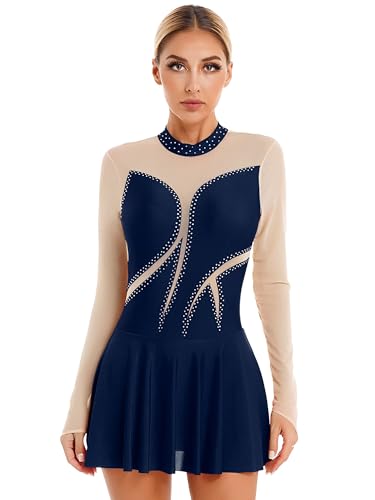 TiaoBug Eiskunstlauf Kleid Damen Eislaufen Rollschuh Kleid Langarm Mesh Glitzer Ballettkleid Tanzkleid Gymnastik Bekleidung gr.S M L XL Navy blau P M von TiaoBug