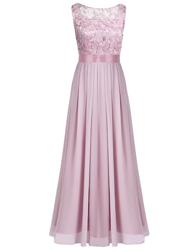 TiaoBug Elegant Chiffon Damen Kleider Lange Brautjungfer Blumenspitze Cocktailkleid Party Festlich Hochzeit Abendkleid Gr. 34-46 Altrosa 42 von TiaoBug