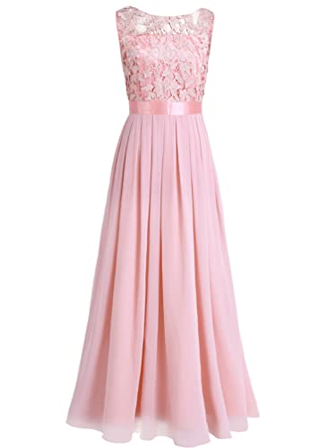 TiaoBug Elegant Chiffon Damen Kleider Lange Brautjungfer Blumenspitze Cocktailkleid Party Festlich Hochzeit Abendkleid Gr. 34-46 Perle rosa 34 von TiaoBug