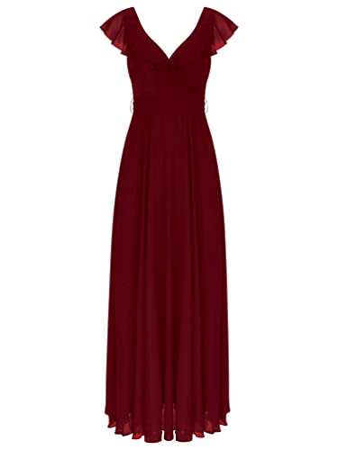 TiaoBug Elegant Damen Kleider festlich V-Ausschnitt Cocktailkleid Lange Chiffon Abendkleider Brautjungfernkleid Gr. 34-46 Dunkelrot F 38 von TiaoBug