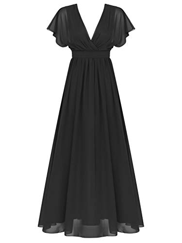 TiaoBug Elegante Damen Kleider Festliche Cocktail Hochzeit Abendkleid Lange Kleider 36/38 40 42 44/46 48 50 Schwarz V-Ausschnitt 44 von TiaoBug