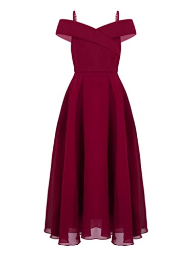 TiaoBug Festlich Mädchen Kinder Kleider lang Blumenmädchenkleid Brautjungernkleid Chiffon Sommerkleid Partykleid für Hochzeit Festzug gr. 128-176 Dunkelrot D 140 von TiaoBug