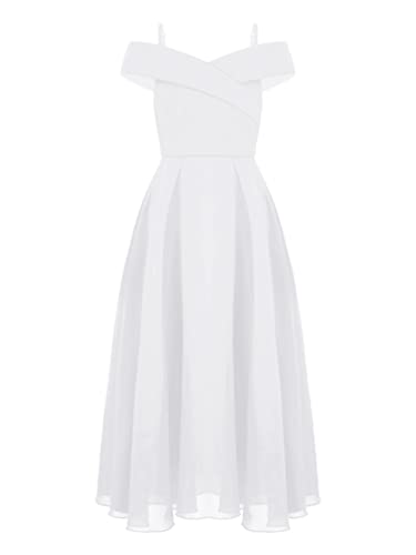 TiaoBug Festlich Mädchen Kinder Kleider lang Blumenmädchenkleid Brautjungernkleid Chiffon Sommerkleid Partykleid für Hochzeit Festzug gr. 128-176 Weiß D 128 von TiaoBug
