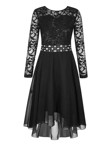 TiaoBug Festlich Mädchen Kleid für Kinder Prinzessin Spitzen Kleider Hochzeit Blumenmädchenkleid 92 104 116 128 140 152 164 Langarm Schwarz Z 146-152 von TiaoBug