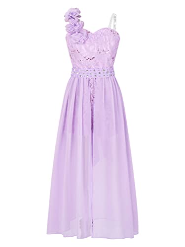 TiaoBug Festlich Mädchen Kleid für Kinder Prinzessin Spitzen Kleider Hochzeit Blumenmädchenkleid 92 104 116 128 140 152 164 Lila One Shouder 146-152/11-12 Jahre von TiaoBug
