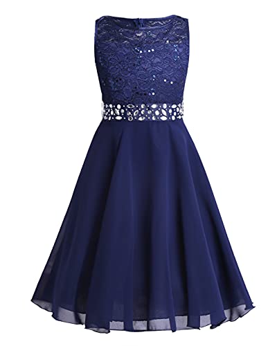 TiaoBug Festlich Mädchen Kleid für Kinder Prinzessin Spitzen Kleider Hochzeit Blumenmädchenkleid 92 104 116 128 140 152 164 Marineblau 128 von TiaoBug