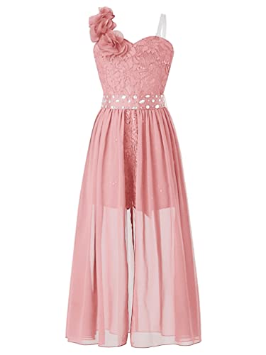 TiaoBug Festlich Mädchen Kleid für Kinder Prinzessin Spitzen Kleider Hochzeit Blumenmädchenkleid 92 104 116 128 140 152 164 Orange Pink One Shouder 170-176/15-16 Jahre von TiaoBug