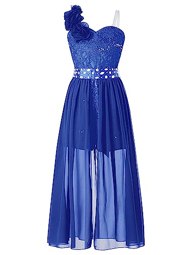 TiaoBug Festlich Mädchen Kleid für Kinder Prinzessin Spitzen Kleider Hochzeit Blumenmädchenkleid 92 104 116 128 140 152 164 Royal Blau One Shouder 146-152/11-12 Jahre von TiaoBug