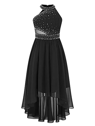 TiaoBug Festliche Kleider Mädchen Kinder Pailletten Partykleid Blumenmädchenkleid mit Asymmetrische Chiffon Plissee Rock Hochzeits Kleidung Schwarz M 158-164 von TiaoBug