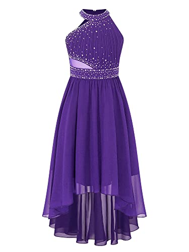 TiaoBug Festliche Kleider Mädchen Kinder Pailletten Partykleid Blumenmädchenkleid mit Asymmetrische Chiffon Plissee Rock Hochzeits Kleidung Violett M 146-152 von TiaoBug