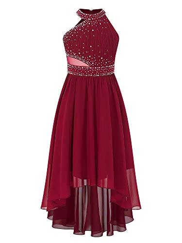 TiaoBug Festliche Kleider Mädchen Kinder Pailletten Partykleid Blumenmädchenkleid mit Asymmetrische Chiffon Plissee Rock Hochzeits Kleidung Weinrot M 146-152 von TiaoBug