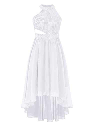 TiaoBug Festliche Kleider Mädchen Kinder Pailletten Partykleid Blumenmädchenkleid mit Asymmetrische Chiffon Plissee Rock Hochzeits Kleidung Weiß M 134-140 von TiaoBug