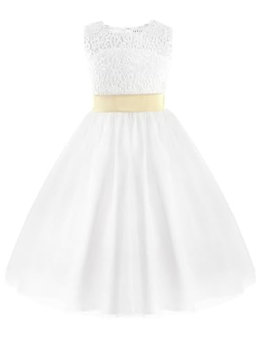 TiaoBug Festliches Mädchen Kleid Prinzessin Blumenmädchen-Kleid Hochzeit Brautjungfern Festzug Kleider Weiß 92-164 Weiß 140 von TiaoBug