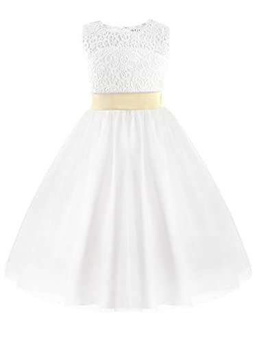 TiaoBug Festliches Mädchen Kleid Prinzessin Blumenmädchen-Kleid Hochzeit Brautjungfern Festzug Kleider Weiß 92-164 Weiß 176 von TiaoBug