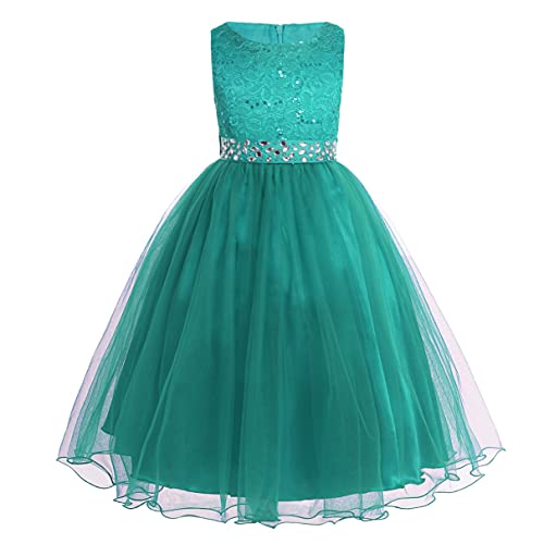 TiaoBug Festliches Mädchen Kleider Lange Brautjungfern Kinder Kleider Hochzeit Party Prinzessin Spitzen Blumenmädchen Kleid Gr. 92-164 Grün 152 von TiaoBug