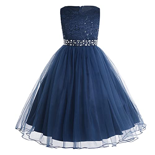 TiaoBug Festliches Mädchen Kleider Lange Brautjungfern Kinder Kleider Hochzeit Party Prinzessin Spitzen Blumenmädchen Kleid Gr. 92-164 Marineblau 164 von TiaoBug