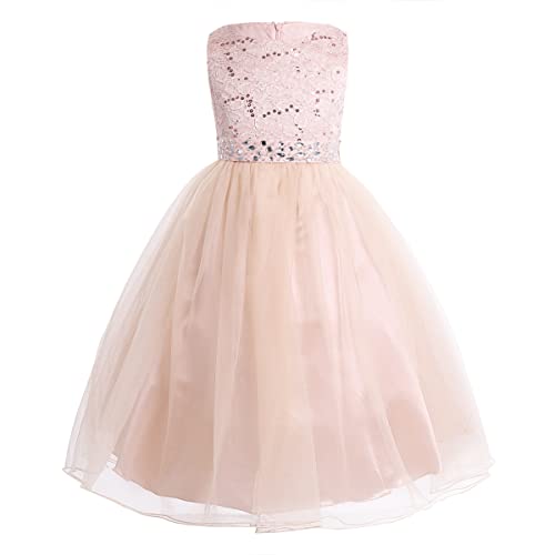 TiaoBug Festliches Mädchen Kleider Lange Brautjungfern Kinder Kleider Hochzeit Party Prinzessin Spitzen Blumenmädchen Kleid Gr. 92-164 Perlen rosa 164 von TiaoBug