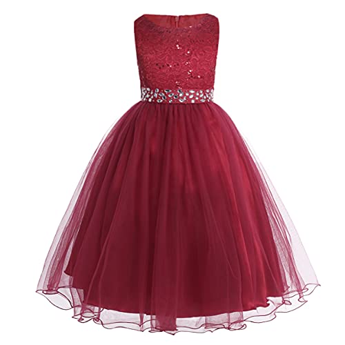 TiaoBug Festliches Mädchen Kleider Lange Brautjungfern Kinder Kleider Hochzeit Party Prinzessin Spitzen Blumenmädchen Kleid Gr. 92-164 Weinrot 152 von TiaoBug