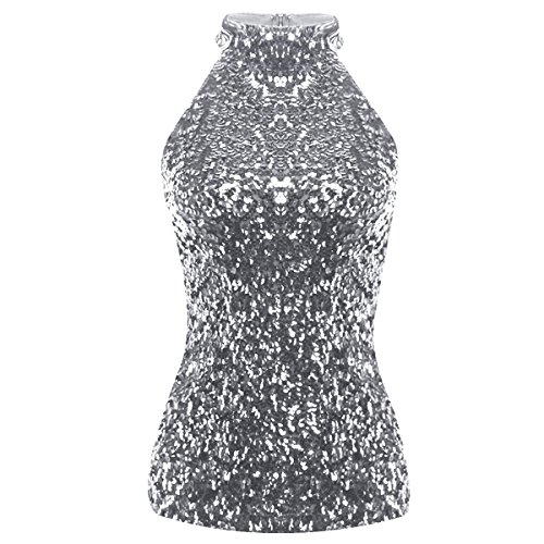 TiaoBug Frauen Glänzend Bluse Tops Vest Weste Oberteile Stehkragen Shirt Pailletten Vielfältig kombinierbar Einheitgröße (9 Farben abwählbar) (Modell 2 One Size, Silber Stehkragen) von TiaoBug