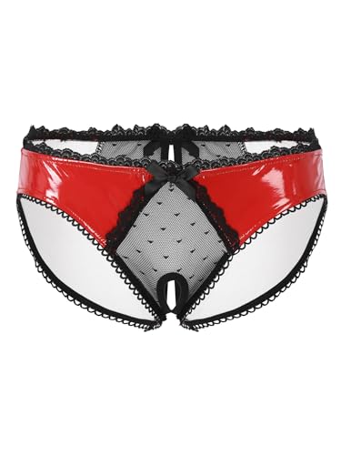 TiaoBug Glänzende Herren Ouvert-Slip Wetlook Sissy Unterwäsche Kunstleder Unterhose mit Penishülle Rüschen Badehose Bikini Slip Tanga Erotik G-String Briefs Rot A XXL von TiaoBug