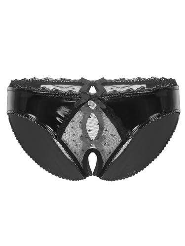 TiaoBug Glänzende Herren Ouvert-Slip Wetlook Sissy Unterwäsche Kunstleder Unterhose mit Penishülle Rüschen Badehose Bikini Slip Tanga Erotik G-String Briefs Schwarz A XL von TiaoBug