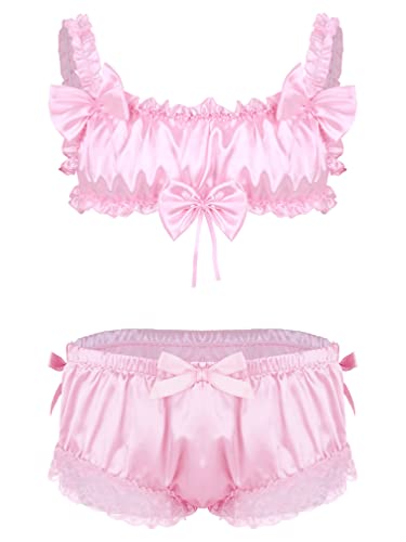 TiaoBug Herren BH und Slip Dessous Set Sissy Höschen Crossdresser Cosplay Kostüm Erotik Unterwäsche Bikini String Tanga Briefs Unterhosen Panty Hipster Pink E M von TiaoBug