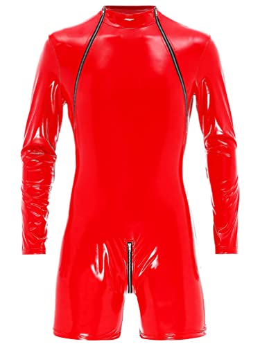 TiaoBug Herren Body Bodysuit Wetlook ouvert Unterhemd Stehkragen Dessous Leder Optik Seitlich transparent Männer eng anliegend mit Zip Overall Catsuit Rot A L von TiaoBug