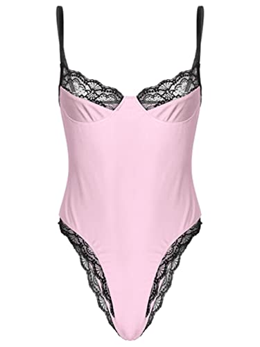 TiaoBug Herren Body Männer Bodysuit Transparent Einteiler Unterwäsche Sissy Dessous Spagetti-Träger Spitzen Top Stringbody Nachtwäsche Rosa F XXL von TiaoBug