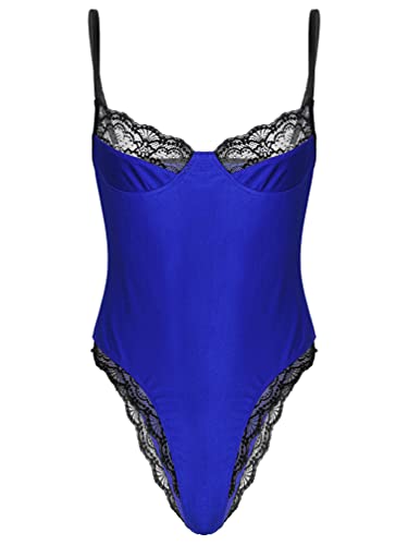 TiaoBug Herren Body Männer Bodysuit Transparent Einteiler Unterwäsche Sissy Dessous Spagetti-Träger Spitzen Top Stringbody Nachtwäsche Royal Blau F XXL von TiaoBug