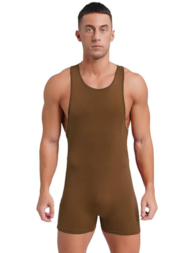 TiaoBug Herren Body Ringerrücken Tanktop Bodysuit Ärmellos Rundhals Unterhemd und Kurze Hose Basic Einfarbig Einteiler Unterwäsche Khaki XXL von TiaoBug
