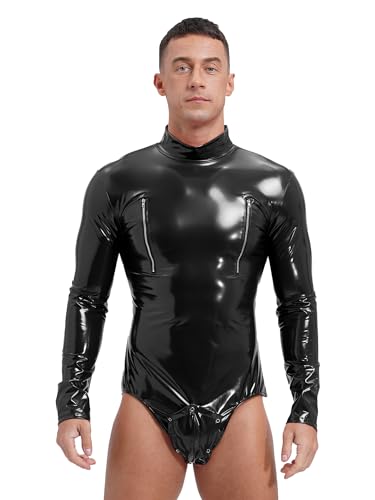 TiaoBug Herren Body Wetlook Jumpsuit Overall mit Reisverschluss Erotik Lack Leder Dessous Rollkragen Tank Top Bulge Beutel Slip Reizwäsche Clubwear Schwarz C XXL von TiaoBug